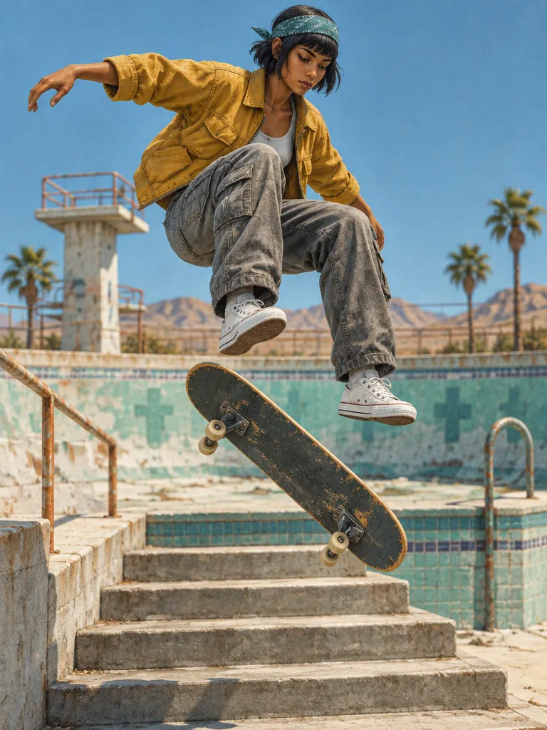 Juno Park melakukan kickflip di atas tangga kolam Old Lido.