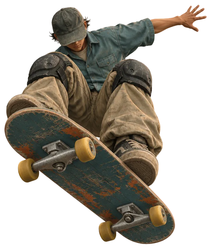 Skater melayang di atas bibir kolam, papan dan truk menghadap kamera.