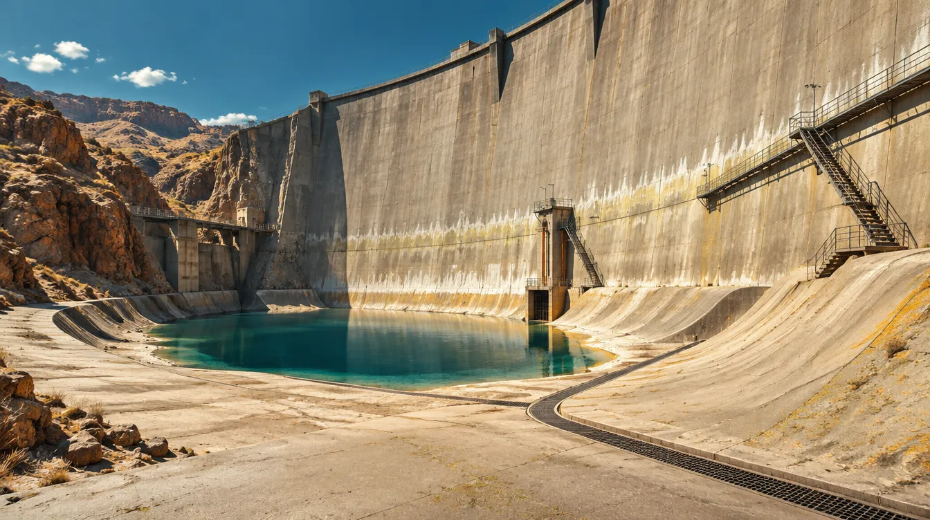 Dam Face: dinding bendungan melengkung setinggi puluhan meter, apron beton di kakinya, dan danau sisa berwarna teal.
