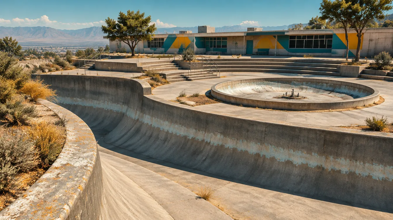Overflow Park: amfiteater beton, air mancur kering, dan bangunan sekolah panjang di tepi paling tinggi dasar waduk.
