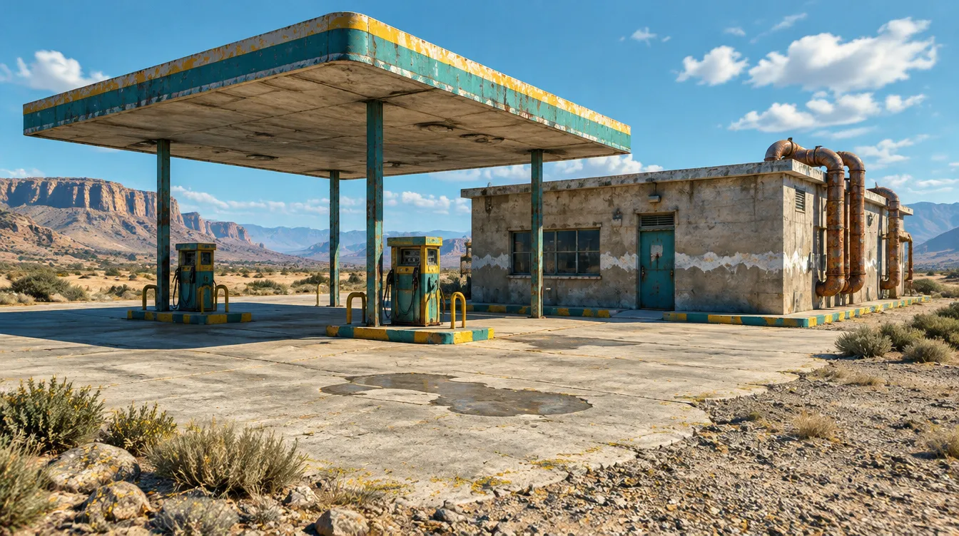 Pump House: kanopi pompa bensin di atas dua pulau pompa dan rumah pompa beton dengan pipa berkarat.