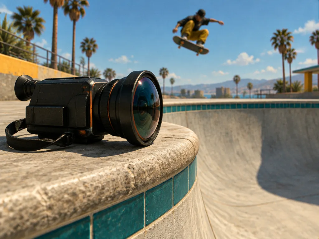 Kamera genggam dengan lensa fisheye di atas coping kolam, seorang skater buram melayang di belakangnya.