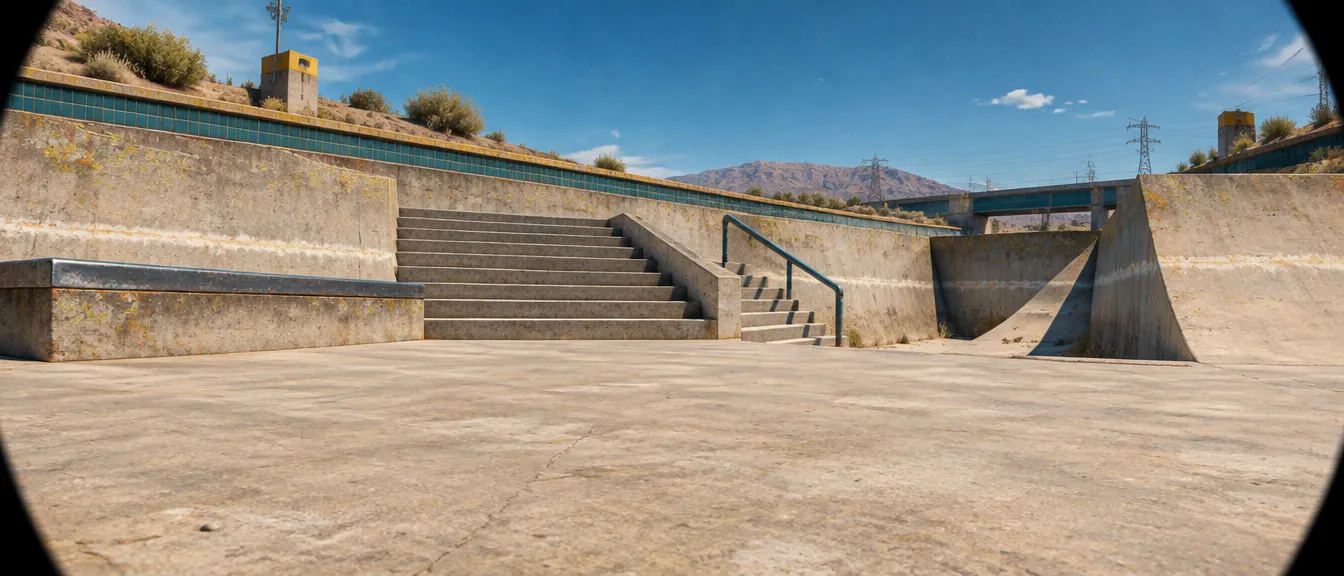 Spillway Steps lewat lensa fisheye: ledge, tangga sembilan, rail turun, lalu gap menuju bank beton.
